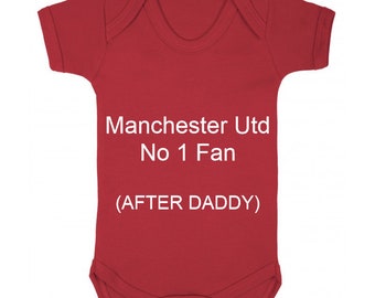 Personalised Football Baby Grow 6 to 12 Months - Manchester After Daddy Style - Various Designs- (NO Sitckers)- Beautifull Embroidery