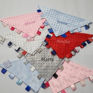 Personalised Baby Dimple Comforter Taggy Blanket Satin Tags/Satin Backed Gift image 1