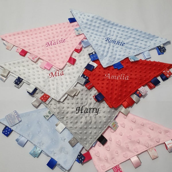 Personalised Baby Dimple Comforter Taggy Blanket Satin Tags/Satin Backed Gift