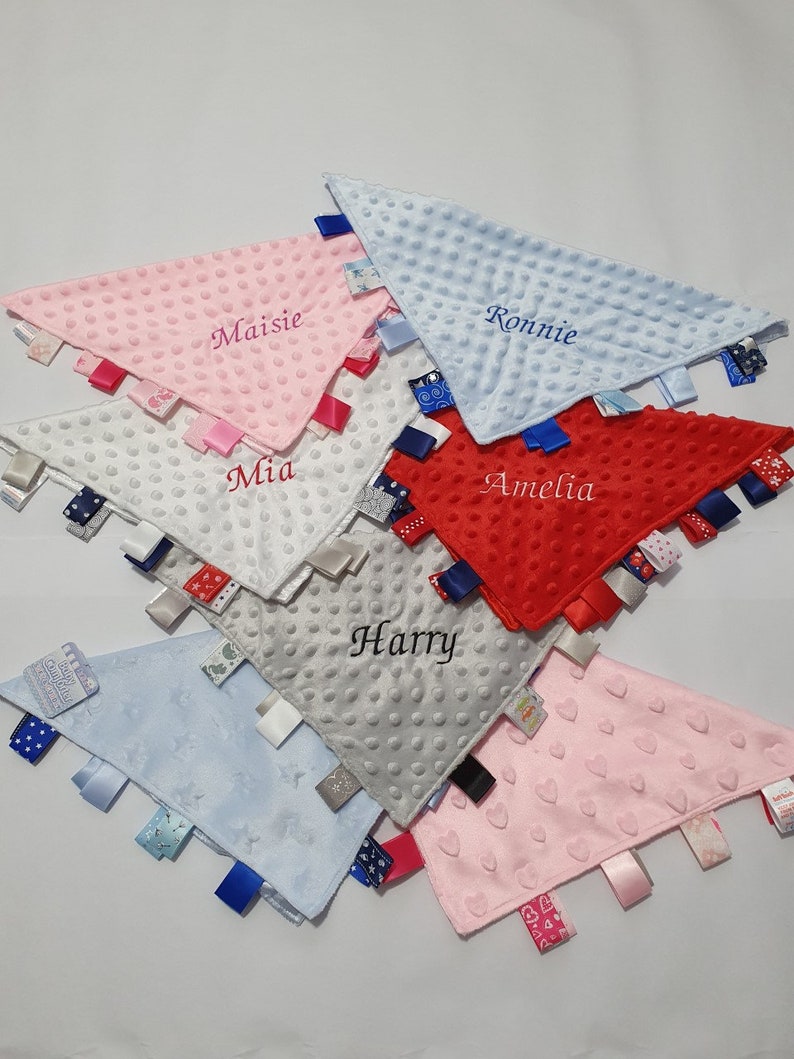 Personalised Baby Dimple Comforter Taggy Blanket Satin Tags/Satin Backed Gift image 1