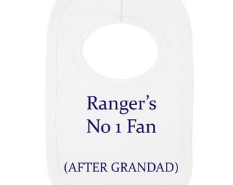 Personalised Football Baby Bib - Dribble Bib - Rangers No 1 Fan After Grandad Style - Various Designs- (NO Sitckers)- Beautifull Embroidery