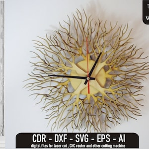 May include: A wooden wall clock with a tree branch design. The clock has black hands and a red second hand. The clock face is light brown, and the branches are a darker brown. The clock has the text "TIME for WOOD" and "CDR - DXF - SVG - EPS - AI".