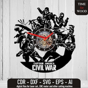 May include: Black wall clock featuring Captain America and other characters from the Civil War movie. The clock has a skeleton dial with red hands and Roman numerals. The text "CAPTAIN AMERICA CIVIL WAR" is below the clock face. The clock is made of wood.