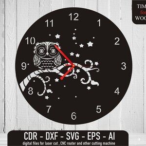 May include: Black and white clock face with an owl and a branch design. The clock face has Roman numerals and a red hour hand. The text "TIME for WOOD" is in the top right corner.