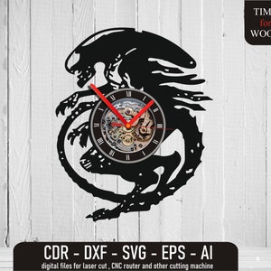 May include: Black and white silhouette of an alien creature with a clock face in the center. The clock face has Roman numerals and a gear-like design. The text "TIME for WOOD" is in the upper right corner. The text "CDR - DXF - SVG - EPS - AI" is at the bottom of the image. The text "digital files for laser cut, CNC router and other cutting machine" is below the previous text.
