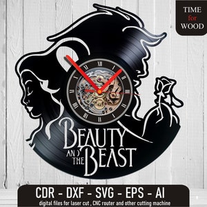 May include: Black vinyl record clock featuring a silhouette of Belle and the Beast from the Disney movie Beauty and the Beast. The clock face is a traditional clock design with Roman numerals and a clock hand. The text "Beauty and the Beast" is printed on the record.