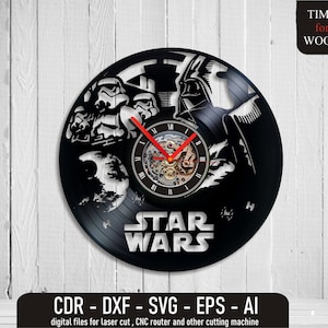 May include: A black vinyl record clock featuring Star Wars characters, including Darth Vader and Stormtroopers. The clock face has a Roman numeral clock design and the words "STAR WARS" are printed below the clock face.
