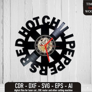 May include: Black vinyl record clock with a red second hand and the words "Red Hot Chili Peppers" around the edge. The clock is on a white wood background. CDR - DXF - SVG - EPS - AI digital files for laser cut, CNC router and other cutting machine.