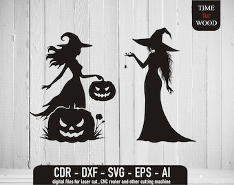 二人の若い魔女のデジタルファイル、ハロウィーンの装飾のための美しい魔女のベクター、CNCカットの魔女のsvg、魔女のeps、ハロウィーンのベクター