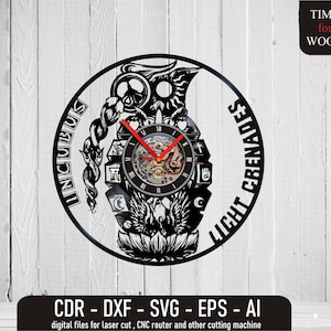 May include: Black and white vinyl record clock design featuring a grenade with wings and the text "Incubus Luft Grenades".