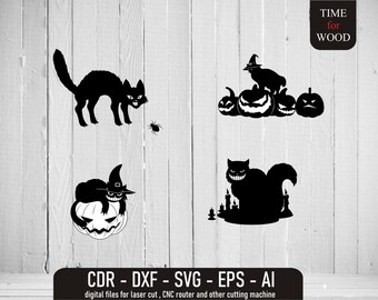 ハロウィン猫デジタルダウンロード怖い猫ベクター魔女猫cdr怖い猫dxfカボチャと猫ベクターカボチャと猫