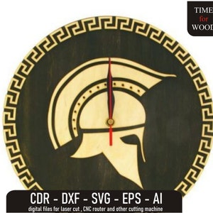 May include: A wooden clock with a black background and a gold Greek key border. The clock face features a cutout design of a Spartan helmet. The clock hands are red and black. The text "TIME for WOOD" is in the upper right corner of the image.