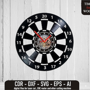May include: Black and white vinyl record clock with a clock face in the center. The clock face has a black and gold design. The numbers 1 through 20 are printed around the edge of the record. The text "TIME for WOOD" is printed in the upper right corner of the image. The text "CDR - DXF - SVG - EPS - AI" is printed at the bottom of the image. The text "digital files for laser cut, CNC router and other cutting machine" is printed below the text "CDR - DXF - SVG - EPS - AI".