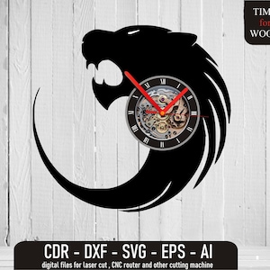 May include: Black silhouette of a panther with a clock face in the center. The clock face has Roman numerals and a visible clock mechanism. The text "TIME for WOOD" is in the upper right corner. The text "CDR - DXF - SVG - EPS - AI" is at the bottom of the image. The text "digital files for laser cut, CNC router and other cutting machine" is below the previous text.