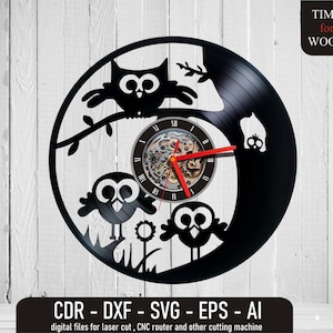 May include: Black vinyl record clock featuring a design of three owls perched on a tree branch. The clock face is visible with Roman numerals and a red second hand. The text "TIME for WOOD" is in the top right corner of the image. The text "CDR - DXF - SVG - EPS - AI" is at the bottom of the image.