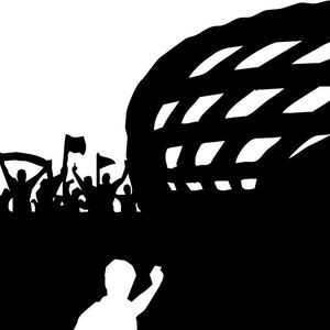 May include: Silhouette of a crowd of people cheering with flags in front of a large, black, dome-shaped structure.
