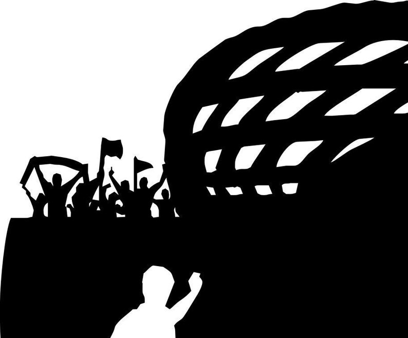 May include: Silhouette of a crowd of people cheering with flags in front of a large, black, dome-shaped structure.