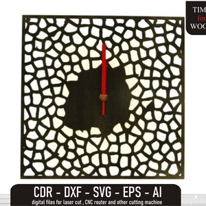 May include: A black and white clock with a geometric design. The clock face is a circle with a red hour hand and a black minute hand. The clock is made of wood and has a square frame. The text "TIME for WOOD" is in the upper right corner of the image. The text "CDR - DXF - SVG - EPS - AI" is at the bottom of the image. The text "digital files for laser cut, CNC router and other cutting machine" is below the text "CDR - DXF - SVG - EPS - AI".