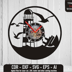 Puede incluir: Silueta en blanco y negro de un faro, un barco y gaviotas en una esfera de reloj. La esfera del reloj tiene un mecanismo de reloj visible con manecillas rojas. El texto "TIME for WOOD" está en la esquina superior derecha de la imagen.