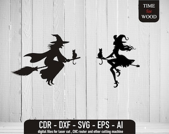 ほうきに乗った空飛ぶ魔女 ほうきに乗った二人の魔女 デジタル魔女と猫 svg 空飛ぶ魔女 svg 空飛ぶ魔女 dxf 空飛ぶ魔女 ベクターファイル