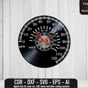 Pode incluir: Um relógio de vinil preto com um design de velocímetro. O mostrador do relógio tem números e marcas brancas, e os ponteiros são vermelhos. O relógio está colocado sobre um fundo de madeira branca. O texto "TIME for WOOD" está no canto superior direito da imagem. O texto "CDR - DXF - SVG - EPS - AI" está na parte inferior da imagem. O texto "arquivos digitais para corte a laser, roteador CNC e outras máquinas de corte" está abaixo do texto "CDR - DXF - SVG - EPS - AI".