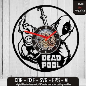 May include: Black and white silhouette of Deadpool with a clock face in the center. The clock face has Roman numerals and a red second hand. The text "DEAD POOL" is below the clock face.