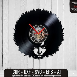 May include: Black and white silhouette of a person with an afro hairstyle, with a clock face in the centre of the silhouette. The clock face has Roman numerals and a red hour hand. The text "TIME for WOOD" is in the top right corner of the image. The text "CDR - DXF - SVG - EPS - AI" is at the bottom of the image. The text "digital files for laser cut, CNC router and other cutting machine" is below the previous text.