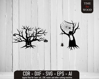 怖い木ベクター 2本の怖い木 svg ハロウィンの木 CNC モンスターの木 デジタルハロウィンステッカーファイル 怖い装飾ベクター
