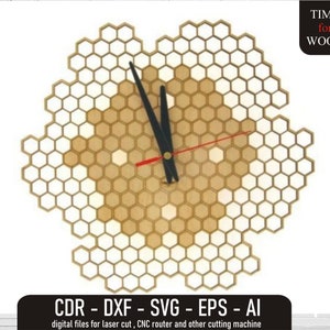 May include: A wooden clock with a honeycomb design. The clock face is made of a light wood with a darker wood border. The clock hands are black and red.