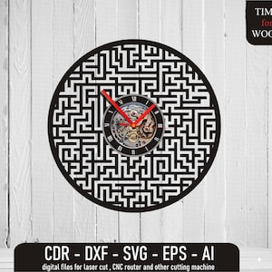 May include: Black and white clock face with a maze pattern. The clock face is a circle with a clock mechanism in the center. The clock face is on a white wood background. The text "TIME for WOOD" is in the upper right corner of the image. The text "CDR - DXF - SVG - EPS - AI" is at the bottom of the image. The text "digital files for laser cut, CNC router and other cutting machine" is below the text "CDR - DXF - SVG - EPS - AI".