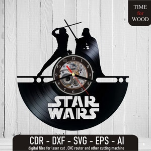 May include: Black vinyl record clock featuring a silhouette of two Star Wars characters, Darth Vader and Luke Skywalker, with a clock face in the center. The text "STAR WARS" is printed below the clock face. The text "CDR - DXF - SVG - EPS - AI" is printed below the clock, along with the text "digital files for laser cut, CNC router and other cutting machine". The text "TIME for WOOD" is printed in a white rectangle in the upper right corner of the image.