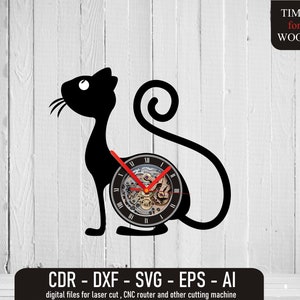 May include: Black silhouette of a cat with a clock face in its belly. The clock face has Roman numerals and a visible gear mechanism. The text "TIME for WOOD" is in the upper right corner of the image. The text "CDR - DXF - SVG - EPS - AI" is at the bottom of the image. The text "digital files for laser cut, CNC router and other cutting machine" is below the previous text.