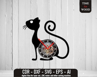 猫の壁掛け時計デジタルダウンロード 子猫の壁掛け時計ベクター 子猫の時計 svg 子猫 dxf 猫 dxf