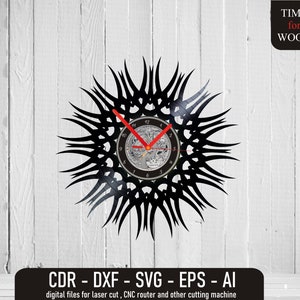 May include: Black vinyl record clock with a sunburst design. The clock face is a smaller circle in the center with Roman numeral markings. The clock hands are red. The text "TIME for WOOD" is in the upper right corner of the image. The text "CDR - DXF - SVG - EPS - AI" is at the bottom of the image. The text "digital files for laser cut, CNC router and other cutting machine" is below the text at the bottom of the image.
