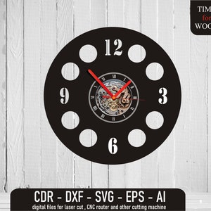May include: Black clock face with Roman numeral markings and a clock mechanism in the center. The clock face has 12 evenly spaced circles around the edge. The clock face is labeled "TIME for WOOD" and "CDR - DXF - SVG - EPS - AI".