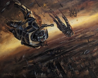 May include: A painting depicting a futuristic battle scene with two figures falling from the sky. The figures are wearing dark armor and are surrounded by explosions and debris. The background is a cityscape with buildings on fire.