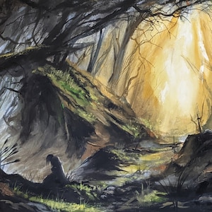 May include: A painting depicting a shadowy woodland with two figures seated in the foreground. The figures are silhouetted against a bright light emanating from the trees. The light is a warm yellow hue, creating a dramatic contrast with the dark forest.
