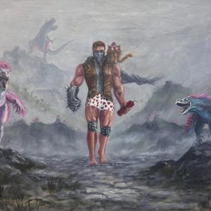 May include: A painting of a muscular figure wearing a dark vest, heart-patterned boxers, and spiked arm and knee guards, walking through a rocky landscape. The figure is flanked by two feathered, bipedal creatures with pink and blue plumage.
