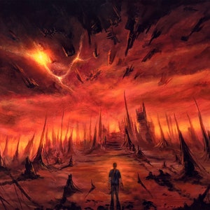 May include: A solitary figure stands in a desolate, fiery landscape. The sky is a fiery red, with jagged, dark shapes falling from the sky. The ground is covered in broken, charred structures.