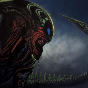 May include: A close-up of a dark green and red alien creature with a large mouth and sharp teeth. The creature's tail is curled around its body. The background is a dark blue and green.