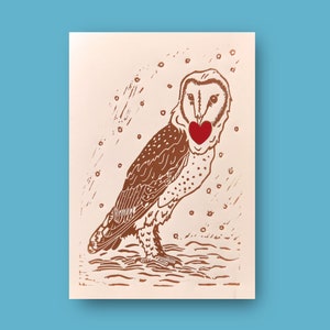 La chouette effraie - Linogravure - Carte de vœux