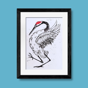 Grue du Japon - Linogravure - Carte format A5