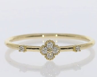 14k Gold Diamond Flower Ring - Dainty Promise Ring