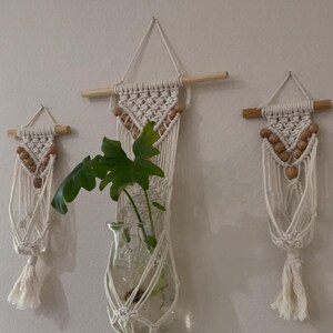 May include: Three macrame plant hangers with wooden dowels and wooden beads. The middle hanger has a glass vase with a green plant inside.