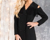 Black Blazer Dress - Cold Shoulder Dress - Unique Elegant Dress - Womens Dress - Double Breasted Dress - Dress with fringes - Casual Dress