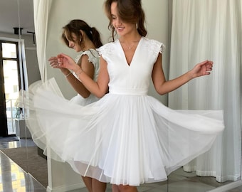 Tulle White Dress, Short Wedding Dress, White Cocktail Tutu Dress, Simple Wedding Dress, White Cocktail Dress, A-line Wedding Dress, XS - L