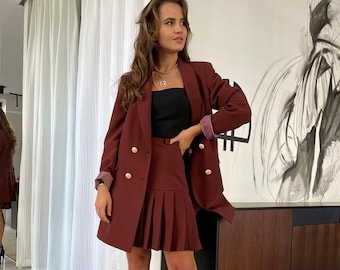 Traje de mujer de dos piezas, traje de falda plisada para mujeres, blazer y falda para mujeres, traje de trabajo para mujeres, traje elegante para mujeres, traje de chaqueta larga para mujeres