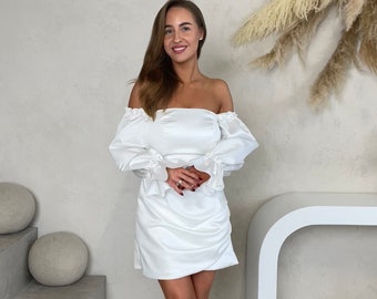 Short White Dress, Short Wedding Dress, White Cocktail Dress, Simple Off-shoulder Wedding Dress, A-line Wedding Dress, Elegant dress, XS - L