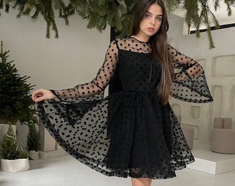 Black Dotted Dress, Prom Dress, Evening Dress, Puff Sleeves Dress, Black Dress, Occasion Dress, Handmade Dress, Romantic Dress, Party Dress