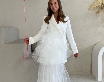 Short White Blazer Dress, Short Wedding Dress, White Dress V-Neck, Elegant dress, Little White Dress, Long Sleeve Dress, Classic Dress